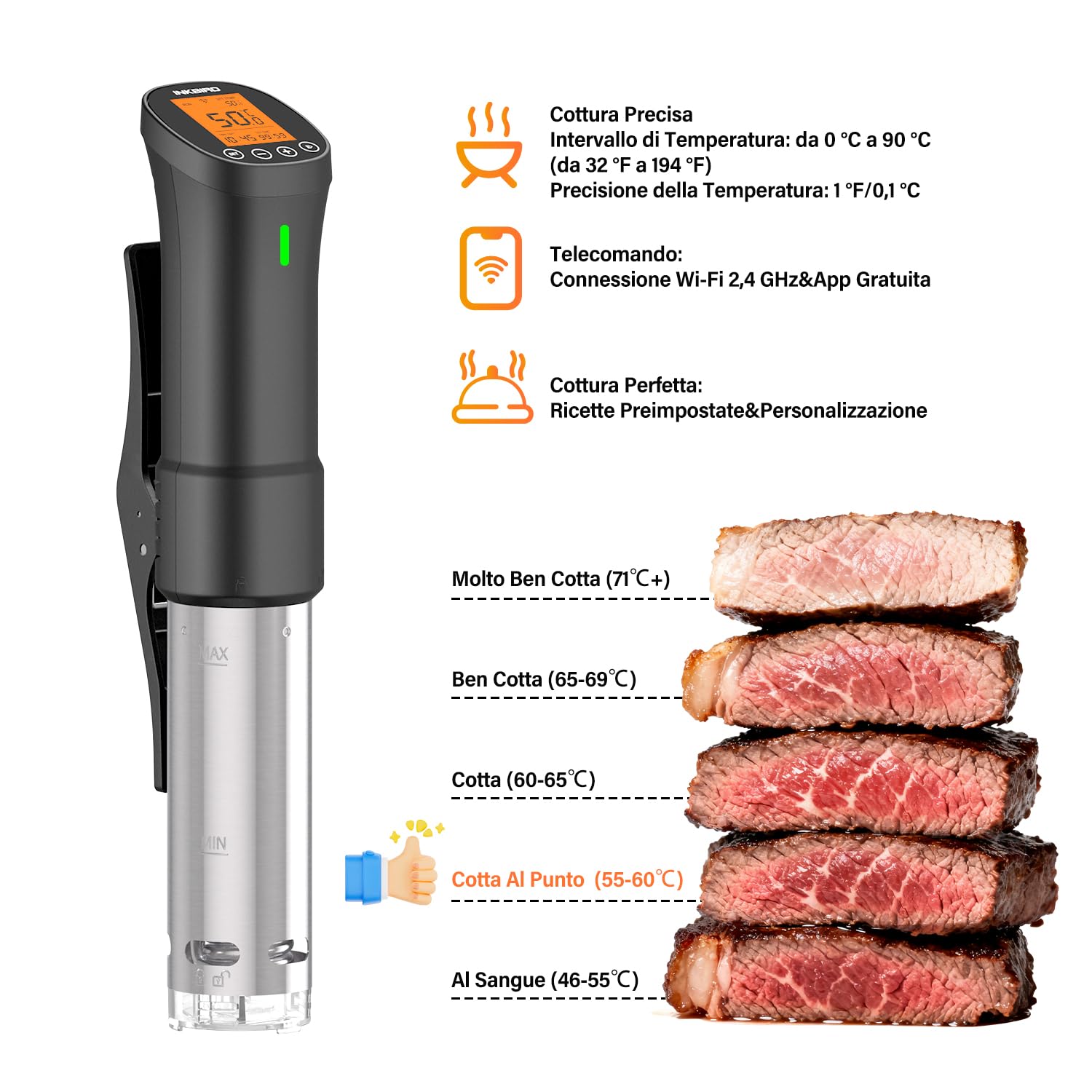 INKBIRD WiFi Sous Vide Roner 1000W Professionale 0°C~90°C Cottura Bassa Temperatura con Ricette APP ISV-200W