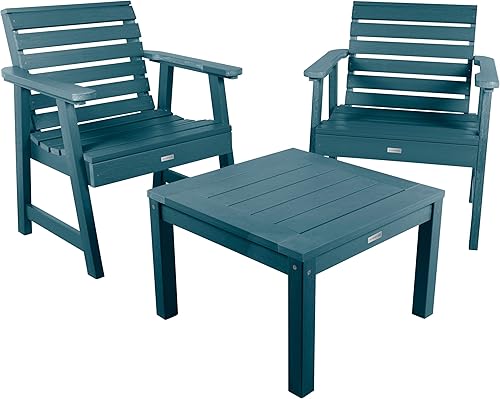 Highwood Weatherly - 2 sillas de jardín con 1 mesa auxiliar cuadrada, juego de 3 piezas, color azul Nantucket