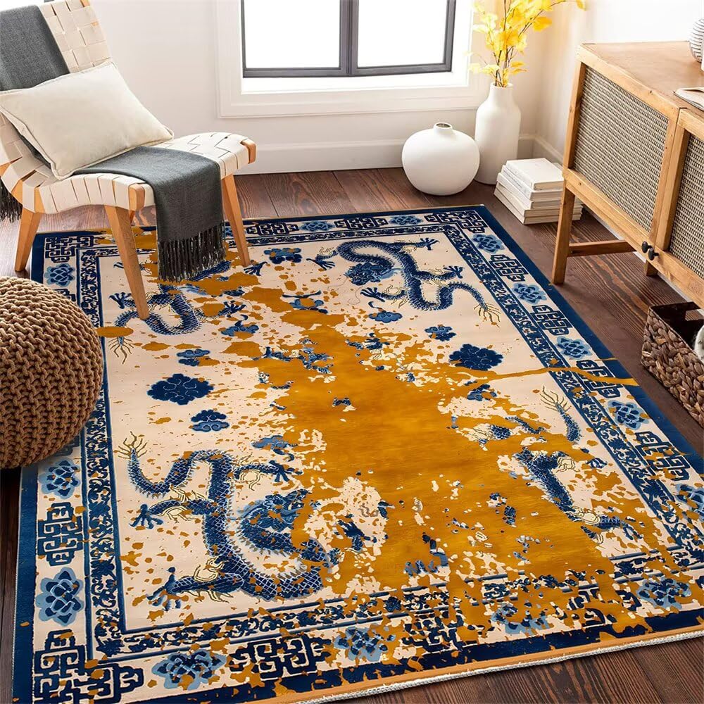 Tapis anti-poussière poil ras 300x400cm jaune et bleu lavable pour grand salon moderne