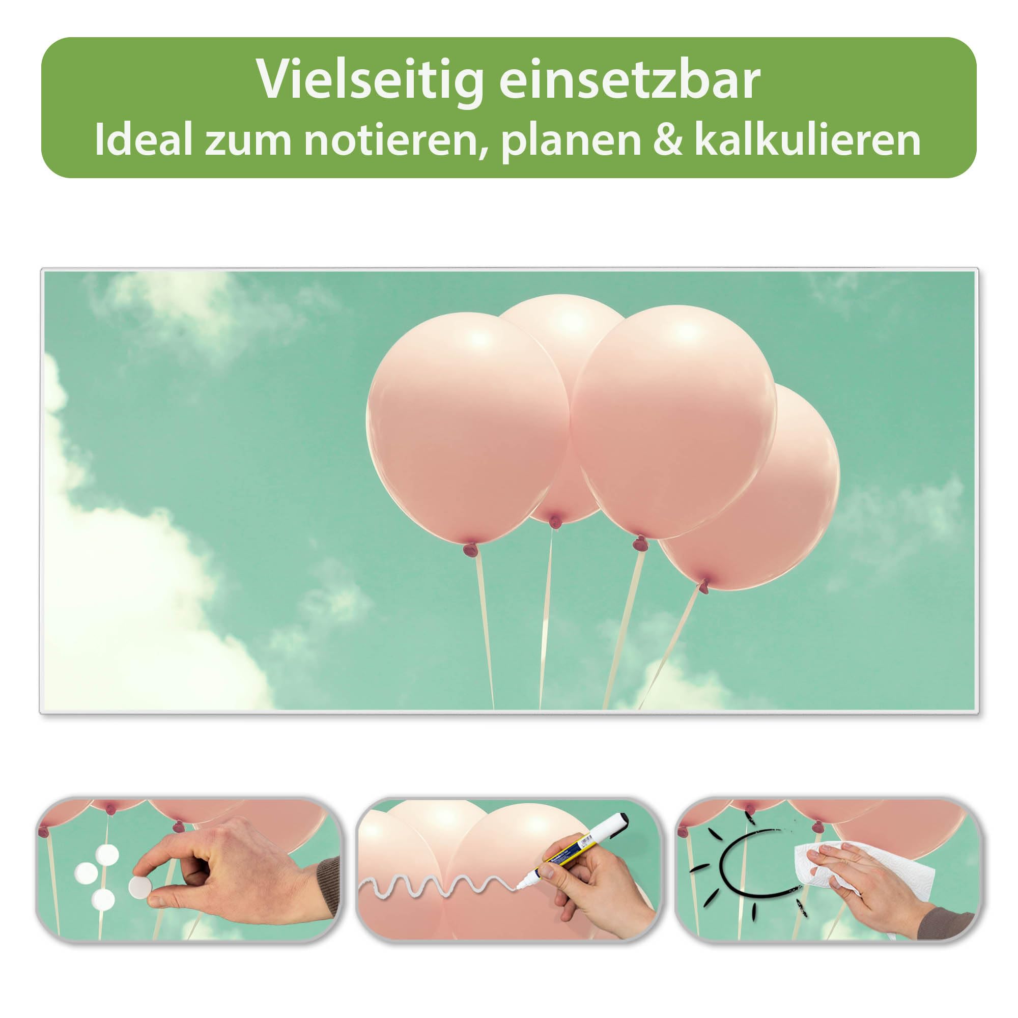banjado Magnettafel Metall 78 x 37cm - beschreibbare Magnettafel - Metall Pinnwand als Memoboard - Magnetwand Küche, Büro, Kinderzimmer Weiß inkl. 4 Magnete & Montageset - Motiv Rosa Ballons