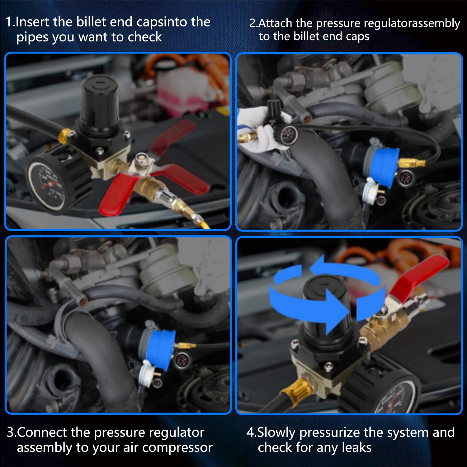 ZKTOOL Charge Air Cooler CAC Boost Leak Tester with 4" 3.5" 3" Billet End Caps, Aluminum CAC Pressure Tester with 150 psi Regulator Extension Line US & EU Air Fittings for Class 7 & 8 Trucks