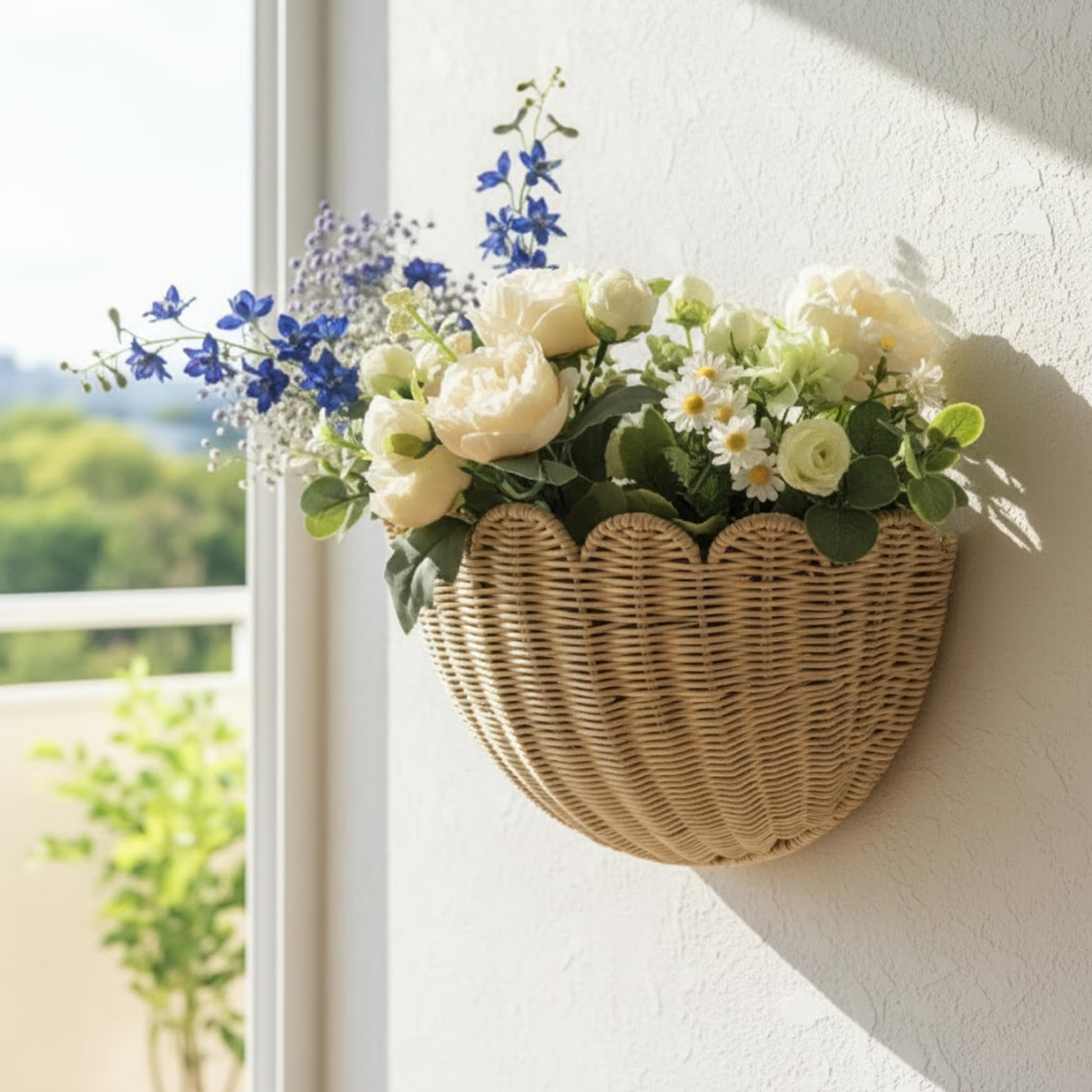 Lot de 2 paniers muraux décoratifs tissés à la Main, Style bohème festonné, Rangement et décoration en rotin pour la Maison, la Salle de Bain, la Cuisine, Le Salon, 2 Tailles