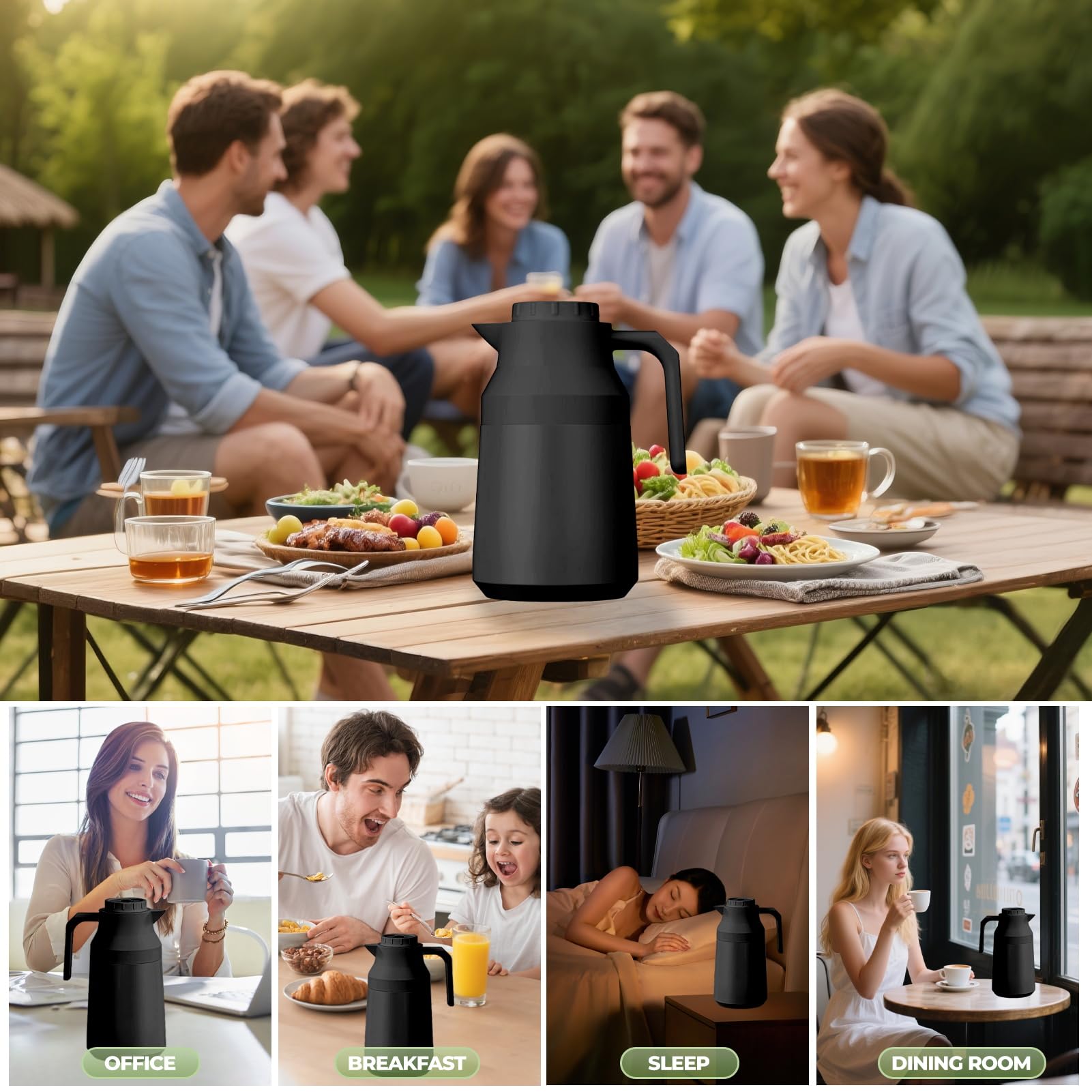 Thermoskanne Kaffeekanne Doppelwandige Edelstahl Vakuum Isolations, Heißer Und Kalter Tee/Kaffee, Isolierkanne Mit Einfachem Sicherheitsdruckknopf, Rutschfestem Boden (Schwarz,2L)