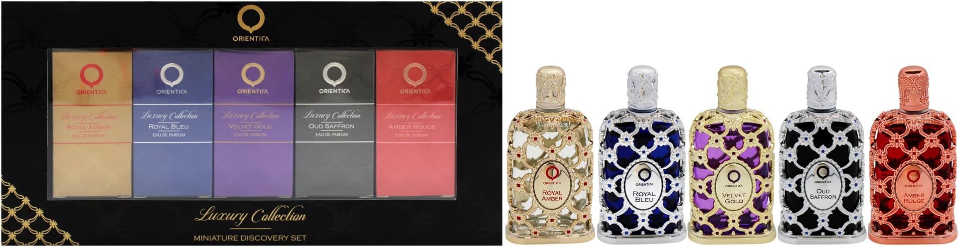 Luxury Miniature 5 Pc Perfume Discovery Set (7.5ml x5) - Amber Rouge Royal Amber Oud Saffron Velvet Gold Royal Bleu - Arabic Perfume for Women & Men - Perfume Gift Set Women & Men