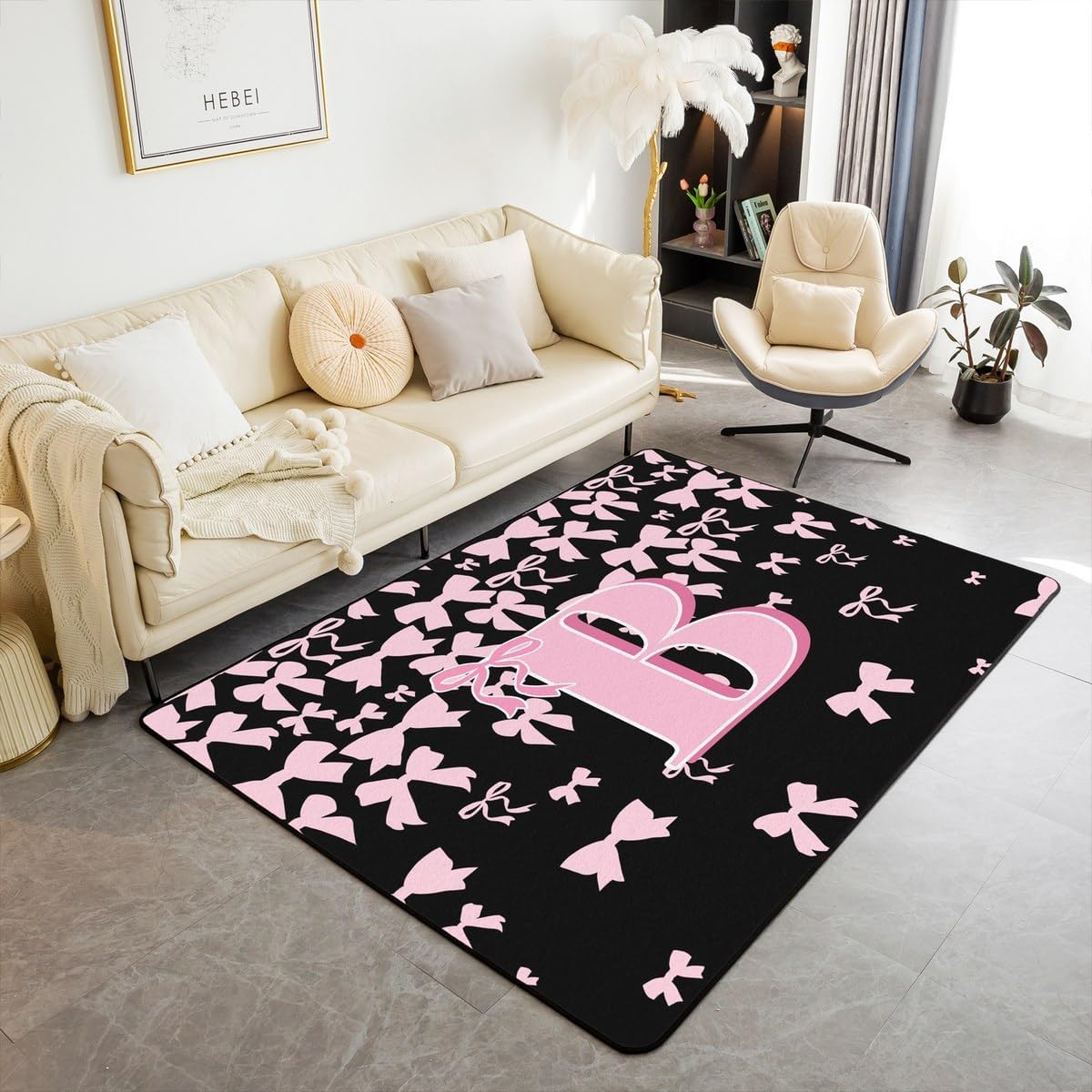 jejeloiu Girls Cute Bow Area Rug 5x7 Polyester Initial Letter K Living Room Rugs for Bedroom Black Pink Coquette Bowknot Decor Carpet Monogrammed Indoor Floor Mat Dreamy Princess Style Soft Non-Slip