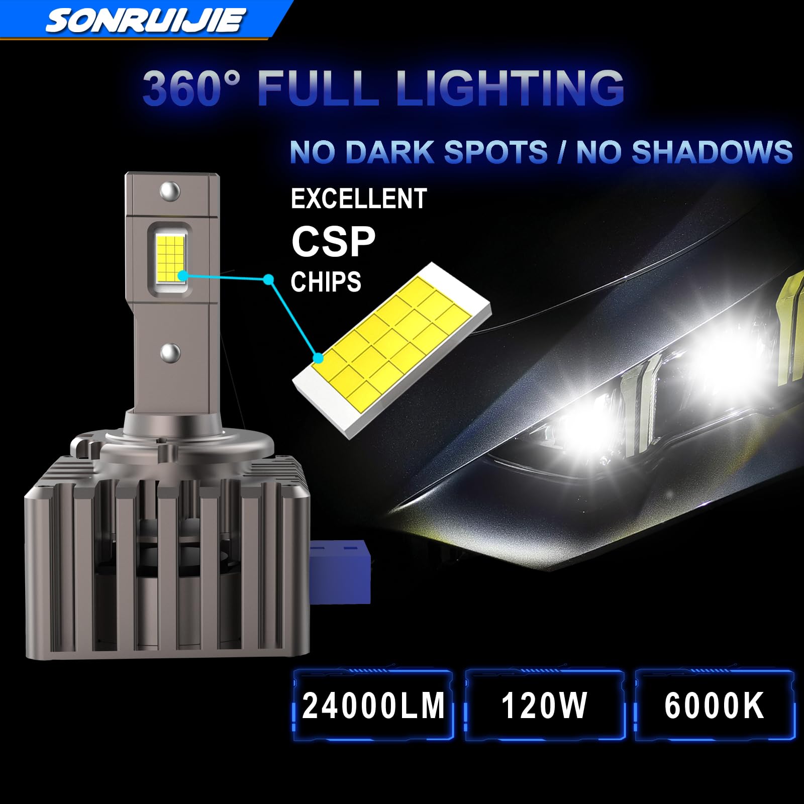 Ampoule D8S LED LED Voiture Anti Erreur 100% Canbus,120W (60W/Lampe) 24000LM 6000K, Remplacent Les Ampoule au HID Xénon OEM Plug and Play - 2 Lampes