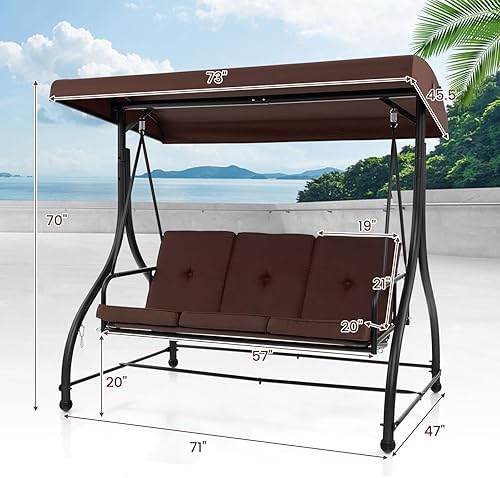 Miniatura 7 de Tangkula Columpio de porche para 3 personas, cama columpio convertible 2 en 1 para patio con cojines extraíbles, estructura de acero sólido,