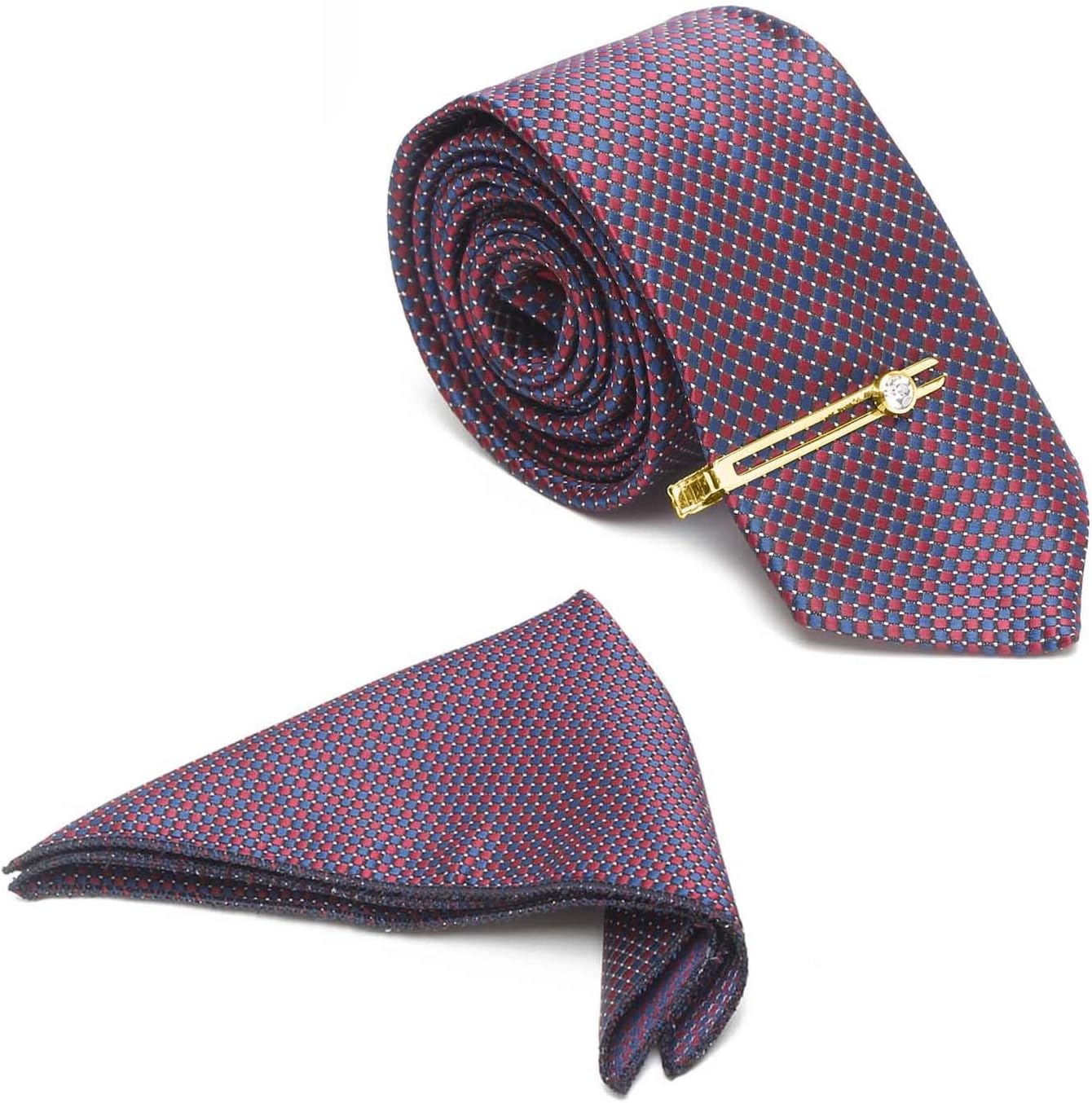 MUTAQINOTI Mens Woven Premium Silk Necktie With Pocket Square and Golden Tie Pin (TEGP), Rosewood, Free Size