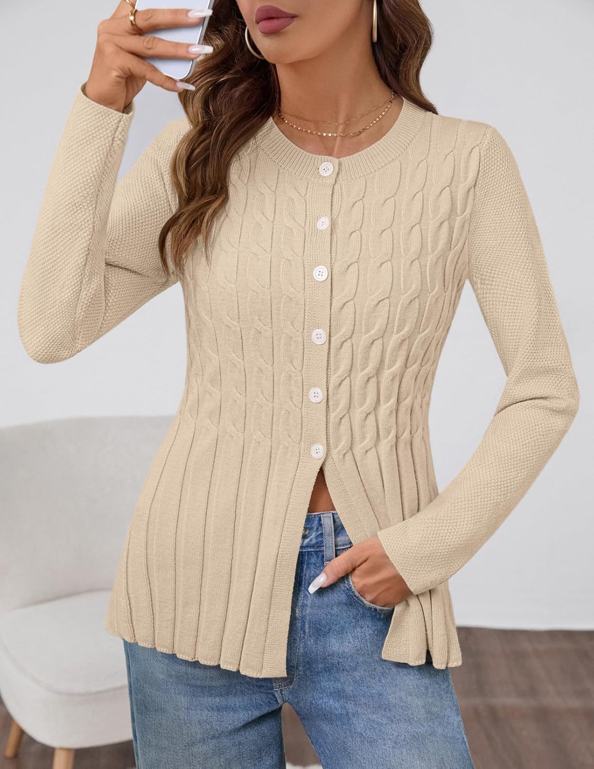 MEROKEETY Women's Cable Knit Peplum Cardigan Sweaters 2026 Trendy Fall Open Front Button Down Soft Knitted Coat - Image 2