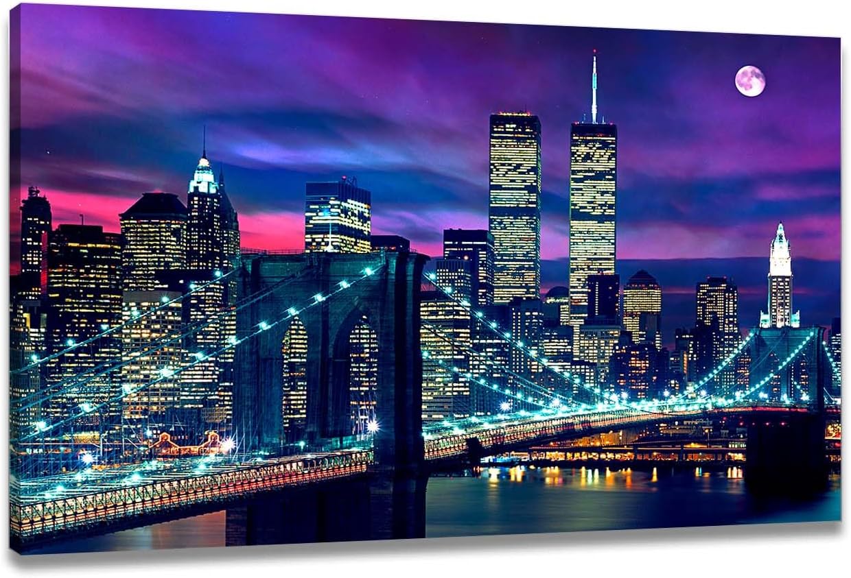 ChaudArt Night New York City Scene Picture Print on Canvas Framed Gallery Wrapped Modern Home and Office Decoration