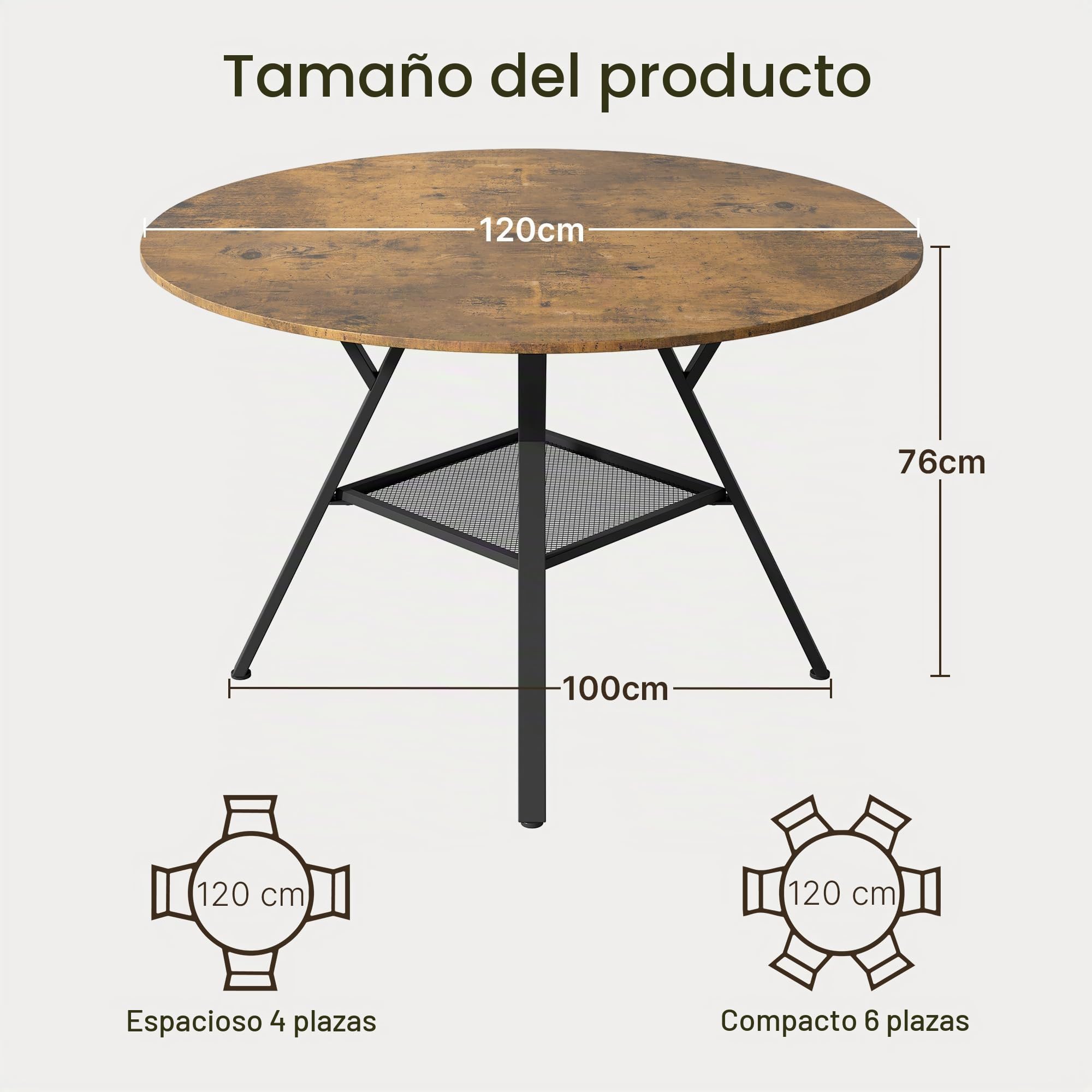 Mesa de Comedor Redonda para 4 Personas, Mesa de Cocina Industrial con Estante de Malla, Mesa de Madera Ahorradora de Espacio para Comedor y Cocina (Retro, 120cm)