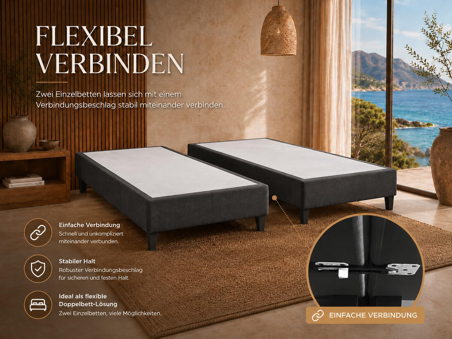 BoxspringbettGestell 90x200 | Gepolsterter Bettrahmen ohne Matratze | Modernes Einzelbett mit 12 cm hohen Holzfüßen | Wasserfestes & Strapazierfähiges BoxspringrahmenBett
