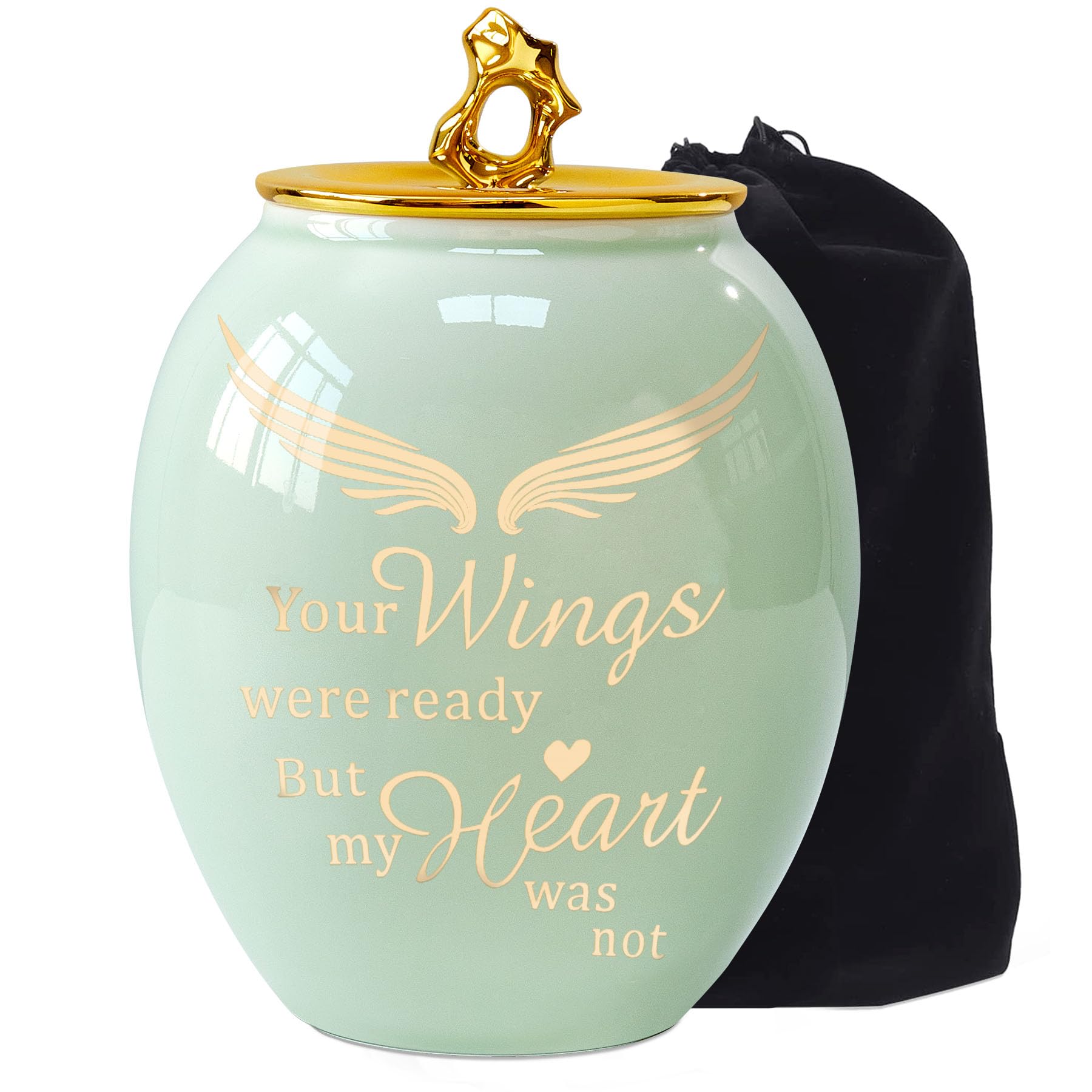 LINES ARTEMedium Urns for Human Ashes Adult Female, 6.7x5.2 Inch Medium Size Ceramic Cremation Urn for Mom/Sister/Women with Green Angel Wings