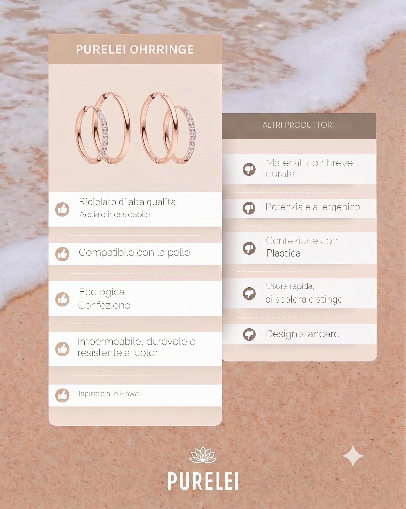 Purelei Lovely Glitter - Set di 2 paia di orecchini a cerchio (placcati in oro o argento), piccoli zirconi e grandi orecchini a cerchio, impermeabili, ipoallergenici