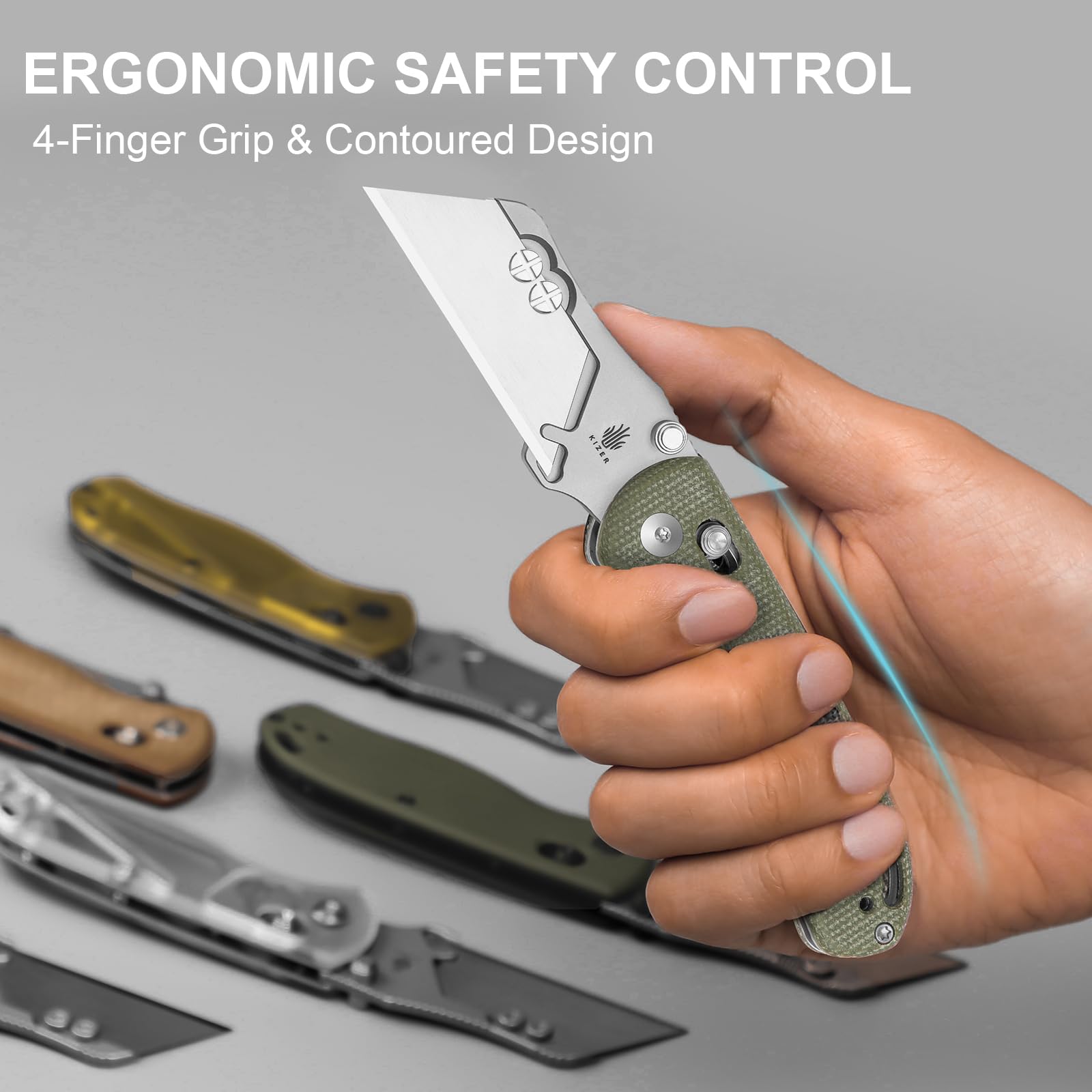Kizer Uti Bear(New Dual-screw Version) Folding Utility Knife, Clutch Lock Box Cutter EDC Pocket knife with 5PCS Razor Blades, Pocket Knives with Pocket Clip for Men Women V3619JM1