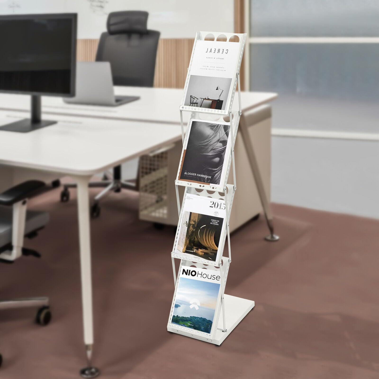 Présentoir à prospectus pliable A4 - Étagère à 4 étages - Blanc - Avec porte-brochures de fond - Présentoir à prospectus - Porte-revues pliable