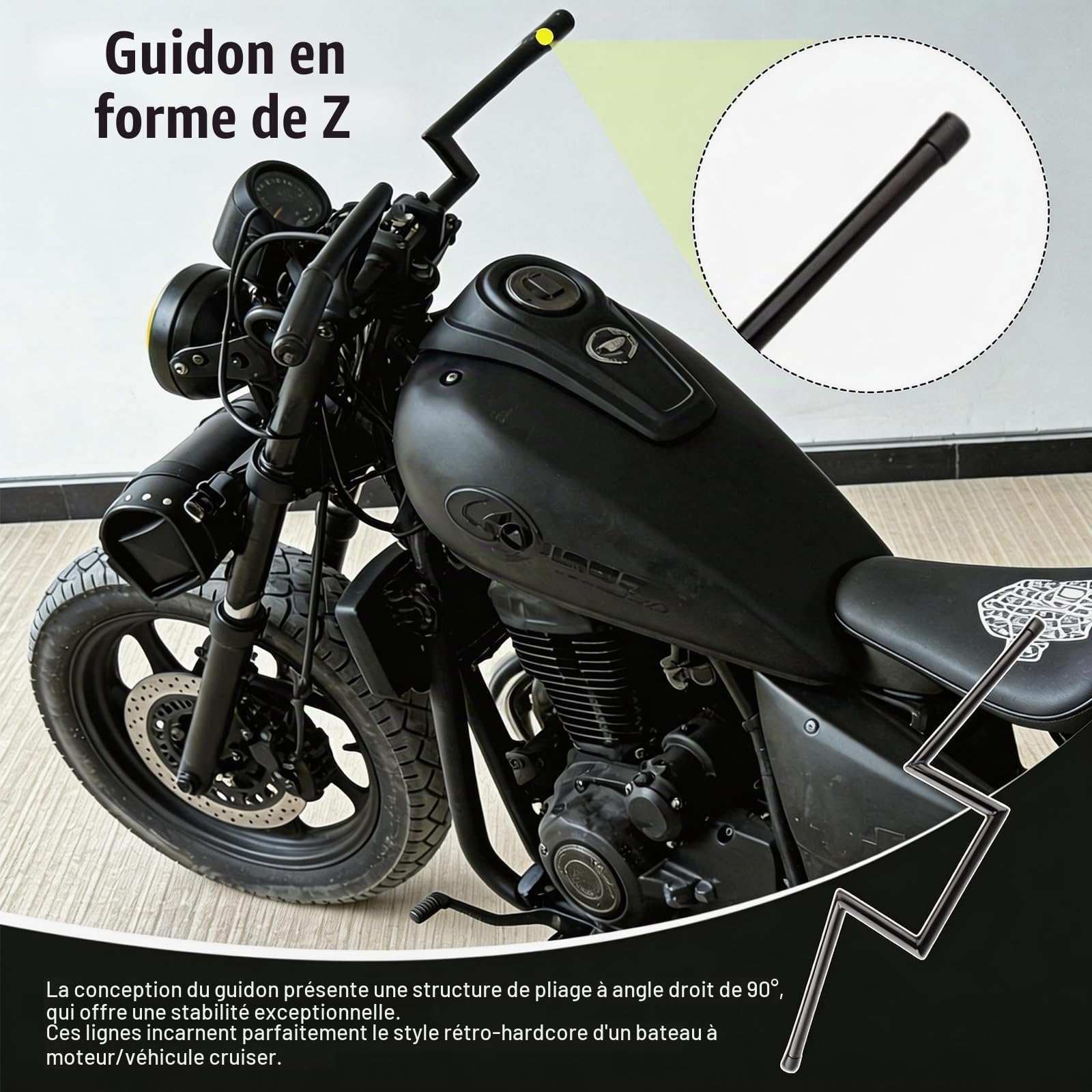 Guidon Moto, Z Bar Ø22 mm 7/8 Pouce, Rehausse 8" En Acier Robuste Avec Abaissement Central Style Chopper Pour Harley Yamaha Suzuki Kawasaki MT07 MT09 Touring Street Bike Cruiser ATV