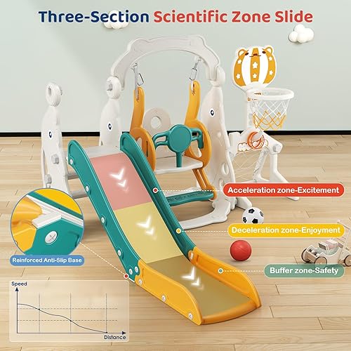 Miniatura 4 de Juego de tobogán para niños pequeños, 6 en 1, mejora con tobogán, columpio, fútbol y lanzamiento de anillos para niños de 1 a 3 años, parque