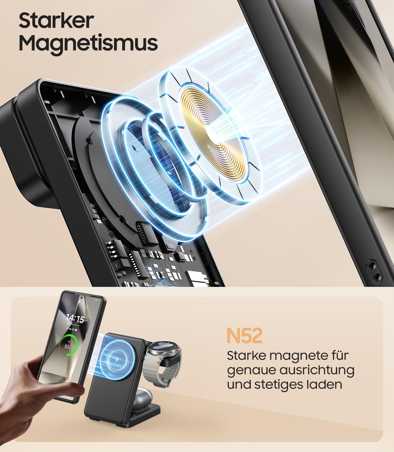 Station de charge inductive magnétique pliable 3 en 1 pour Samsung Galaxy S26 S25 S24 S23 Ultra/Z Fold/Flip 7/6/5, Galaxy Watch Ultra 8/7/6/5/Pro, Galaxy Buds/Pro