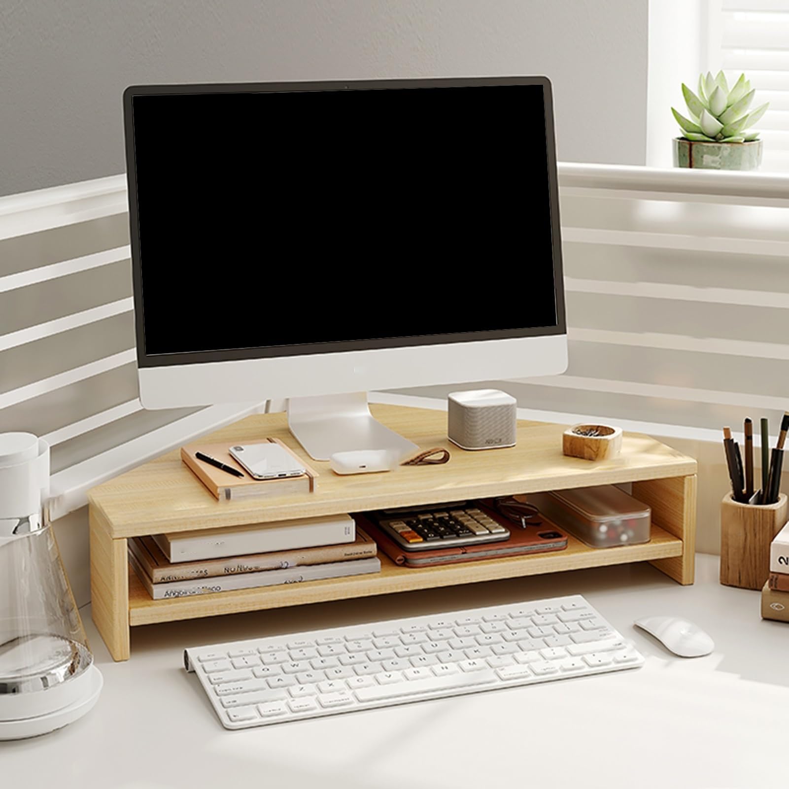 Étagère triangulaire pour moniteur et support d'angle en bois à 2 niveaux pour écran