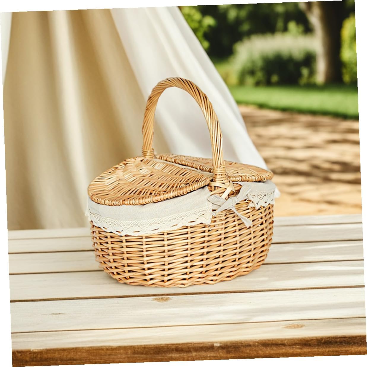 Large Wicker Picnic Basket with Lid Handwoven Rattan Storage Basket for Outdoor Gathering and Fruit Vegetable Storage Medium Size 35x24x17cm