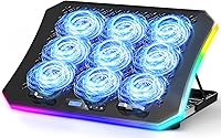 KeiBn Gaming Laptop Cooler Pad: 9 Quiet RGB Fans, 7 Height Adjustable Stand, Phone Holder for 15.6-17.3" Laptops - Blue