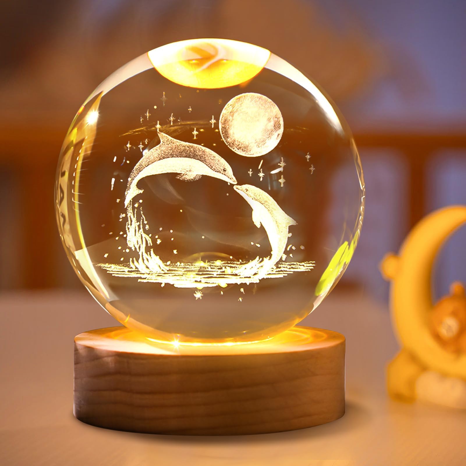 Market Flow Supplies 3D Crystal Dolphin Lamp with Wooden LED Base - Perfect for Your Home or Office Night Lamp (8 cm, Yellow)-image-36