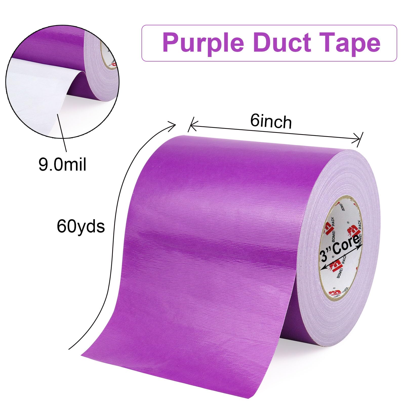 BOMEI PACK Nastro adesivo viola resistente, 15,2 cm x 55,2 m, largo nastro viola, forte resistenza, flessibile, nessun residuo, impermeabile e strappabile a mano, multiuso per riparazioni interne ed