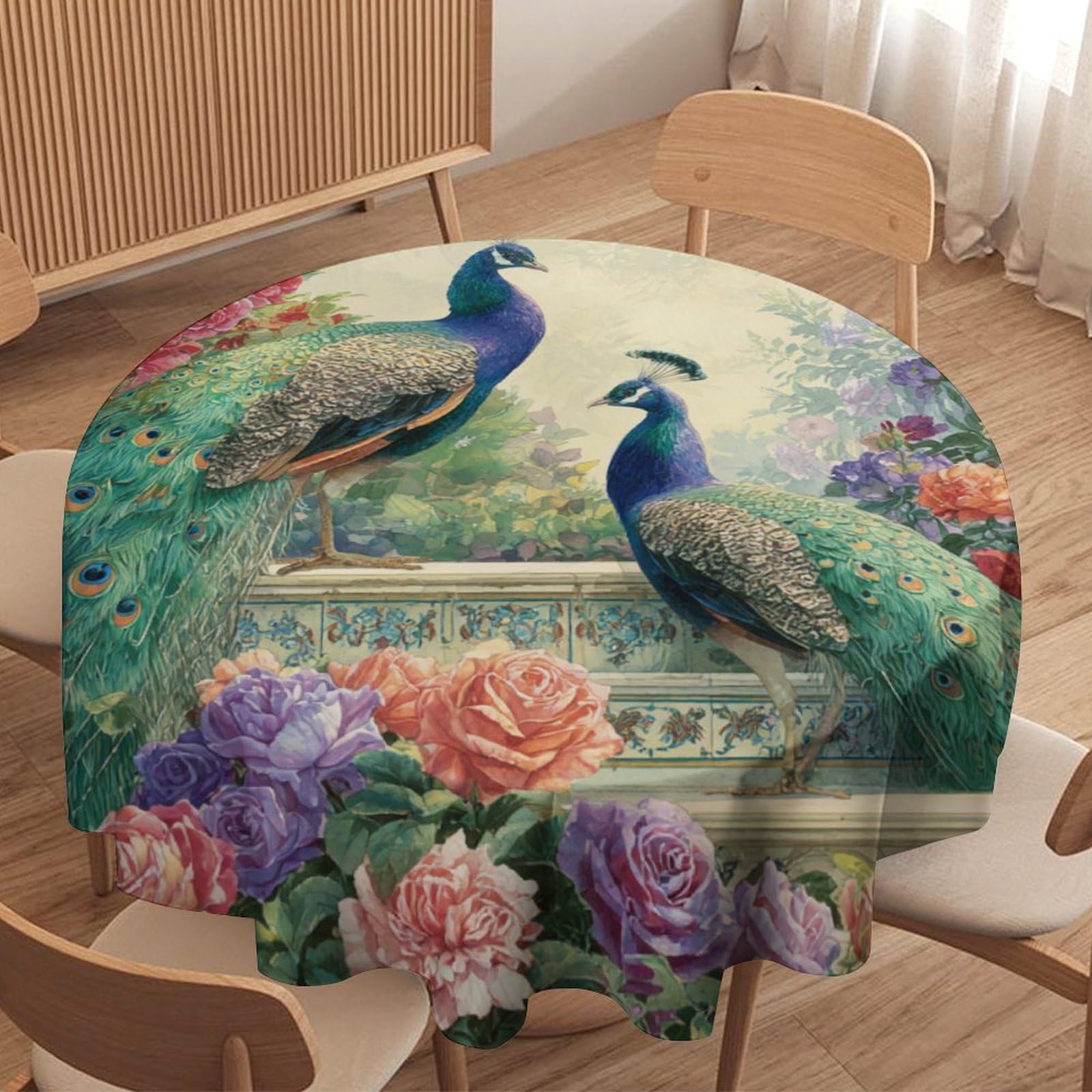 LUYYSKY Vintage Romantic Elegant Peacock Waterproof Round Tablecloth Modern Realistic Garden Rose Flowers Animal Peacock Washable Table Cover for Kitchen-127 Wx127 L cm