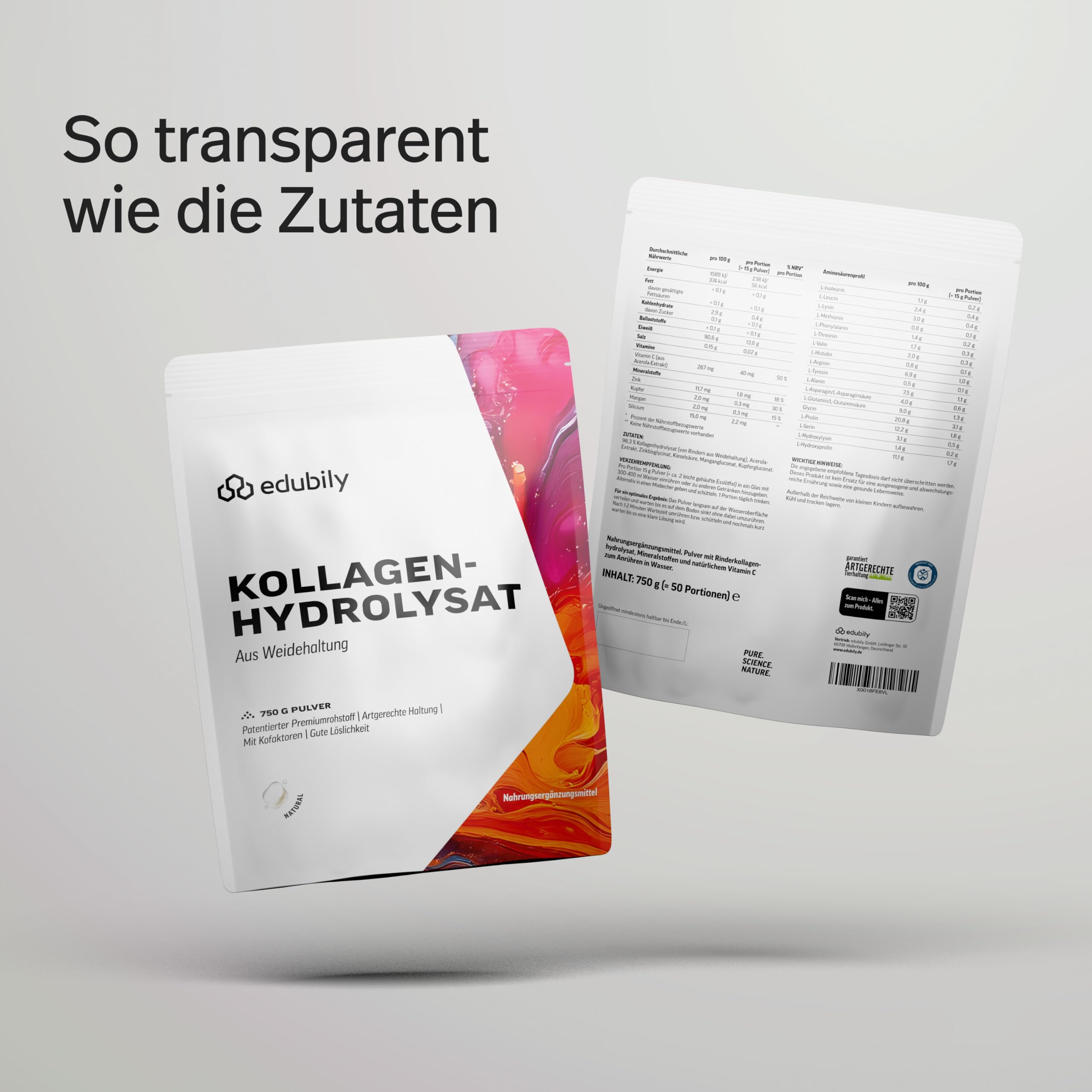 edubily® Kollagen-Hydrolysat - Kollagen Pulver als hochwertige Proteinergänzung im Alltag - aus Weidehaltung, Vitamin C, Zink, Kupfer, Mangan & Kieselsäure - 1 Portion täglich (750 g, ohne Geschmack)