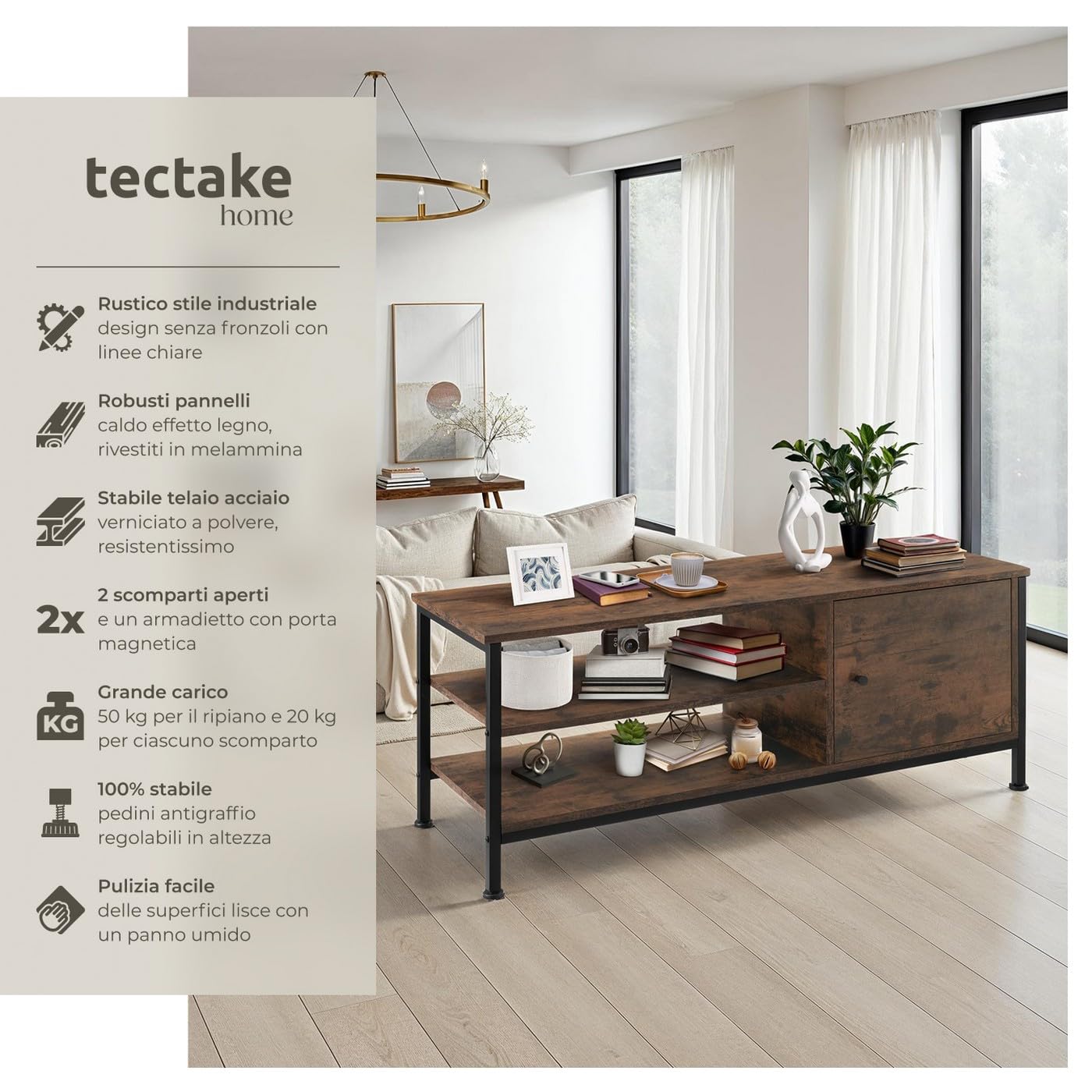 tectake® Mobile TV 110x40x45,5cm, Mobile Soggiorno Stile industriale, Ideale TV 50 pollici, Home Theater 2 ripiani Aperti e 1 Scomparto con Porta, Fori per Cavi Televisore, Mobiletto - Legno Scuro