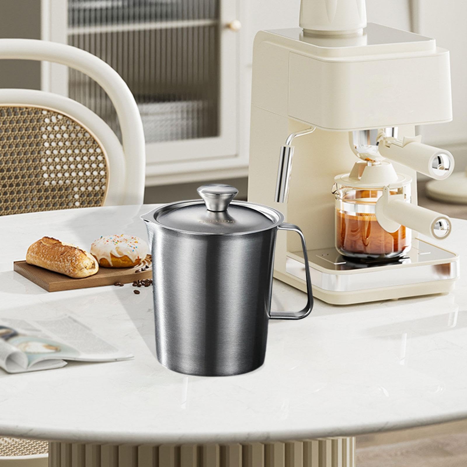 Gralara Vaso Medidor Acero Inoxidable Taza Medidora Jarra con Tapa Indicador Mililitros Onzas Asa Práctica Adecuada para Cocina Cafetería Panadería, 1000ml