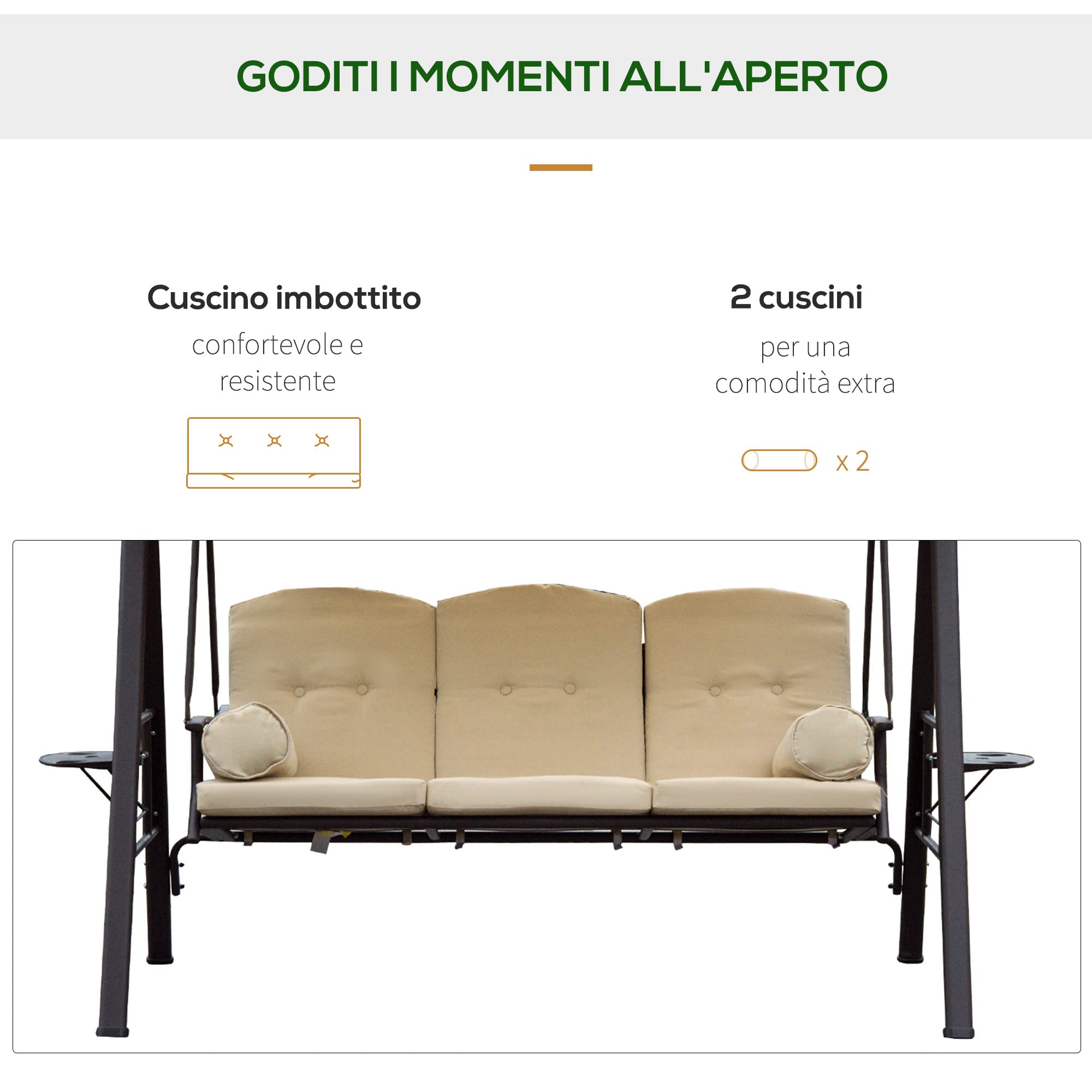 Outsunny Dondolo da Giardino 3 Posti in Metallo con Tetto Inclinabile e Cuscini Imbottiti 280x120x172cm, Beige