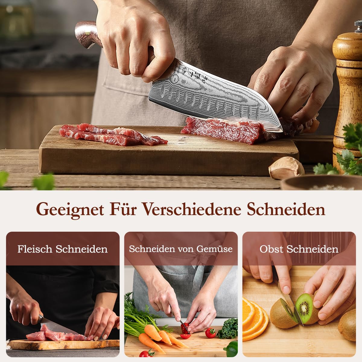 HEZHEN Santokumesser im Japanischen Stil，Echter Damaststahl Kochmesser mit Holzmesserscheide, Chinesisch VG10 Gyuto Messer, Full Tang Griff aus Micarta