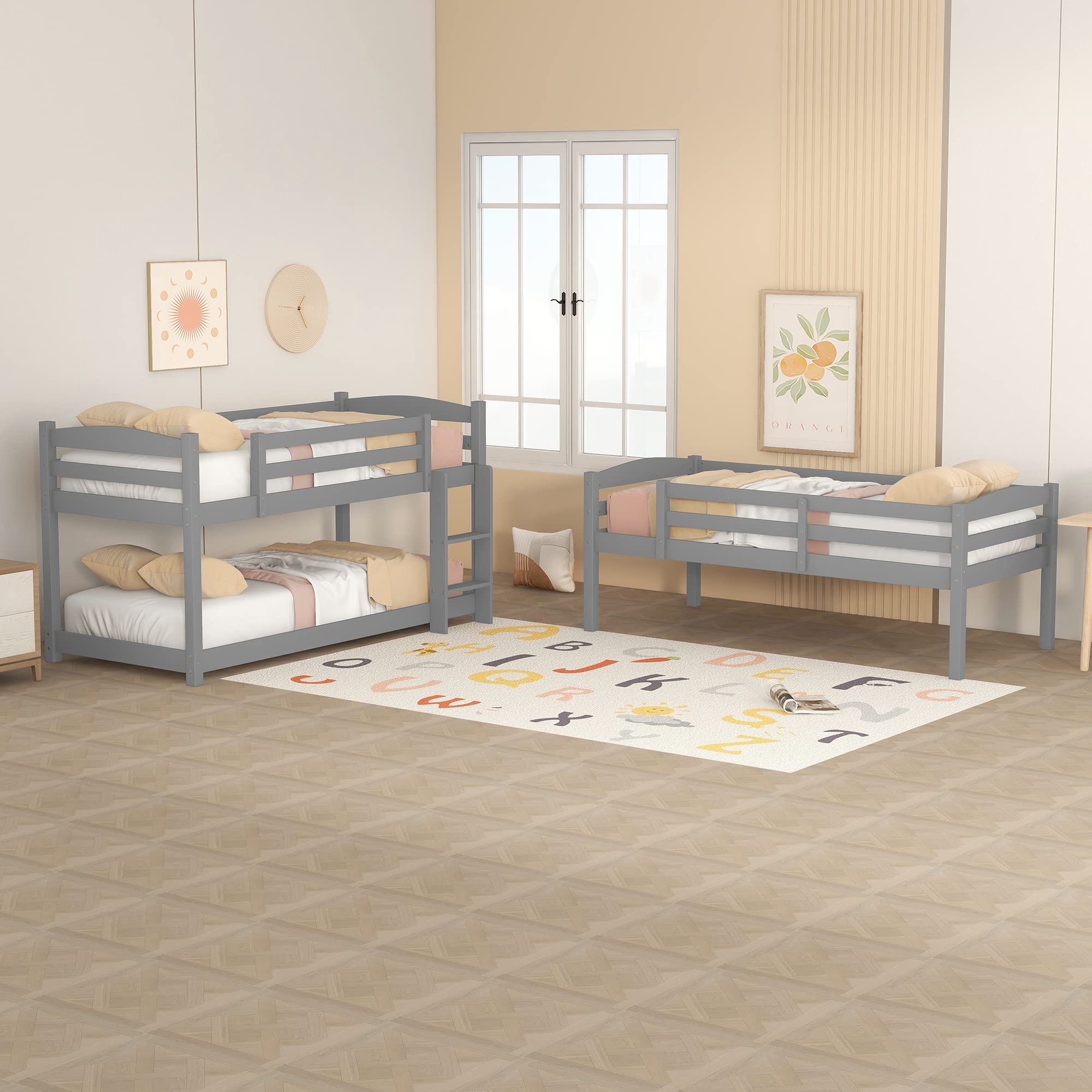 ModernLuxe - Etagenbett, 3-Fach mit Seitenleiter, für Kinder und Jugendliche, 90 x 200 cm (grau)
