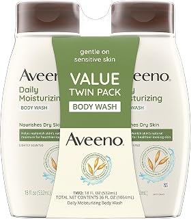 Aveeno Daily Moisturizing Body Wash for Dry & Sensitive Skin with Prebiotic Oat, Hydrating Oat Body Wash Nourishes Dry Skin & Gently Cleanses, Light Fragrance, Sulfate-Free, 18 fl. oz, Pack of 2