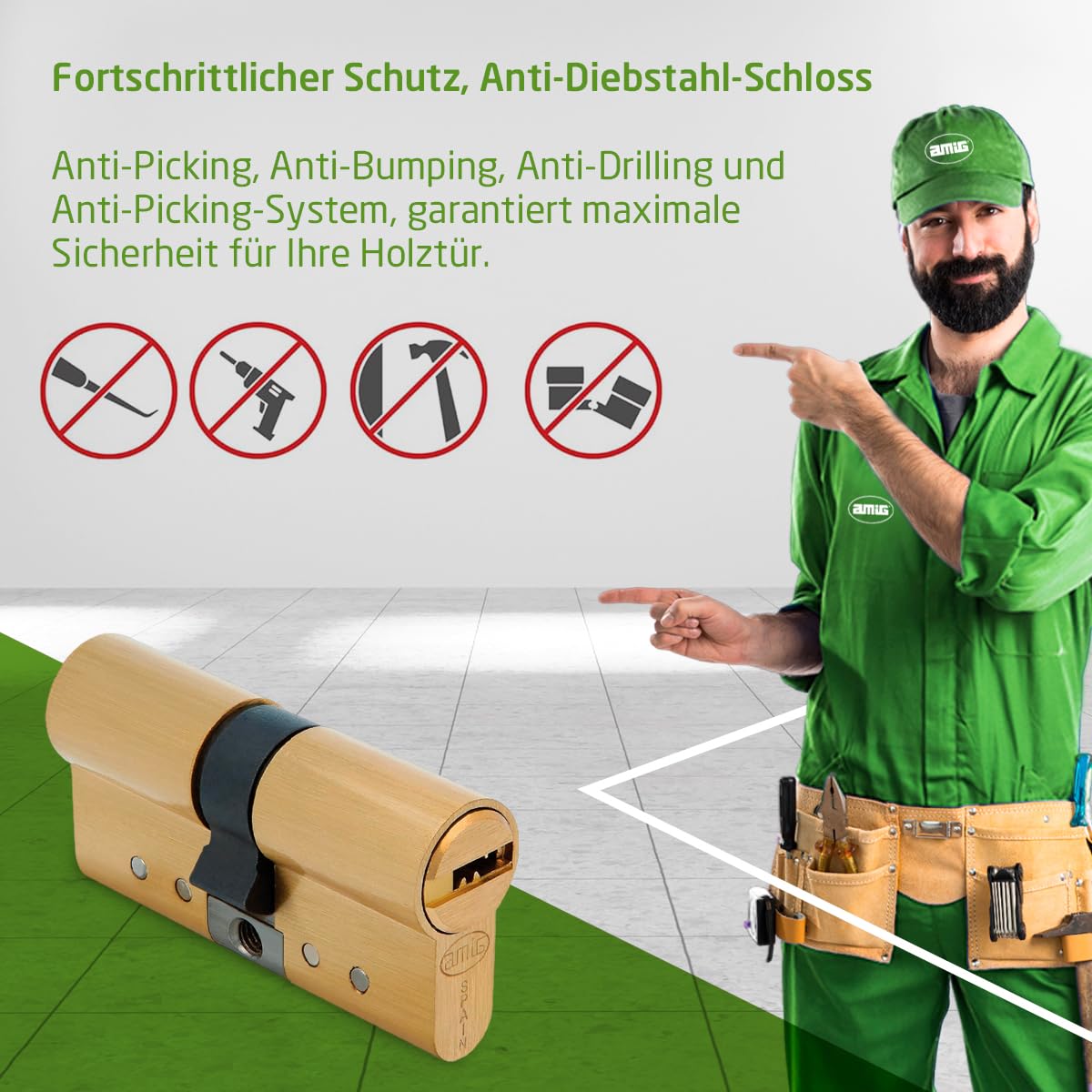 Amig - Profilzylinder 90 mm (30/60) mit 5 Schlüsseln & Code-Karte - Türzylinder aus Messing - Bohr- & Ziehschutz - Bump- & Picking-Schutz - Not- & Gefahrenfunktion - Mattgold - Mod. 10.000