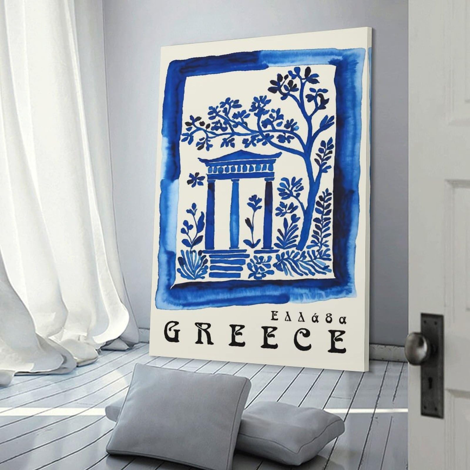 Junmoney Canvas Wall Art Blue Greece Travel Art, 12x18inch(30x45cm), for Living Room, Lounge Or Sitting Room, Canvas Styling for A Polished Room Look