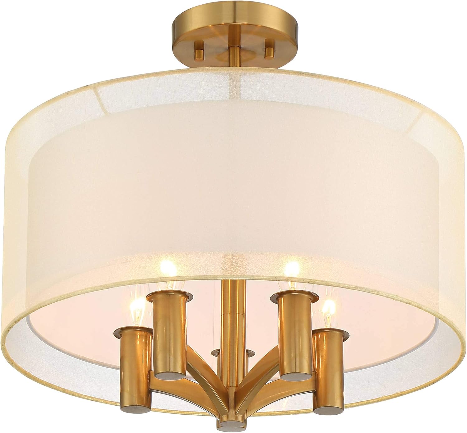 Warm Brass and White Drum Shade Semi Flush Mount Ceiling Light