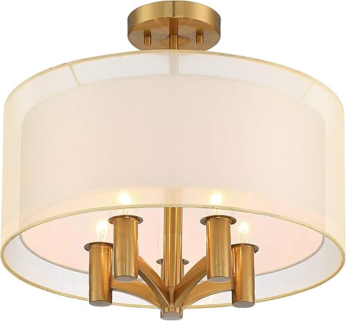 Miniatura 6 de Possini Euro Design Caliari - Moderna lámpara de techo semiempotrada de 18 pulgadas de ancho, 5 luces de latón cálido dorado, doble tambor para