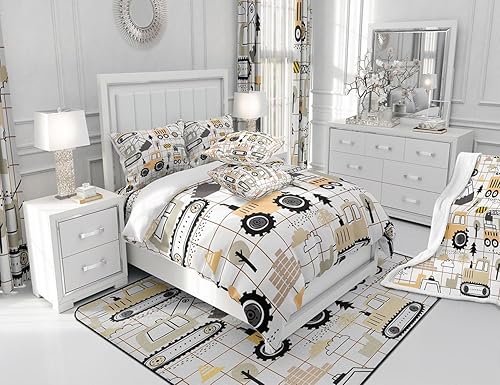 Miniatura 5 de Feelyou Juego de sábanas de construcción para niñas y niños, tamaño individual, diseño de dibujos animados, excavadora, tractor, sábanas con