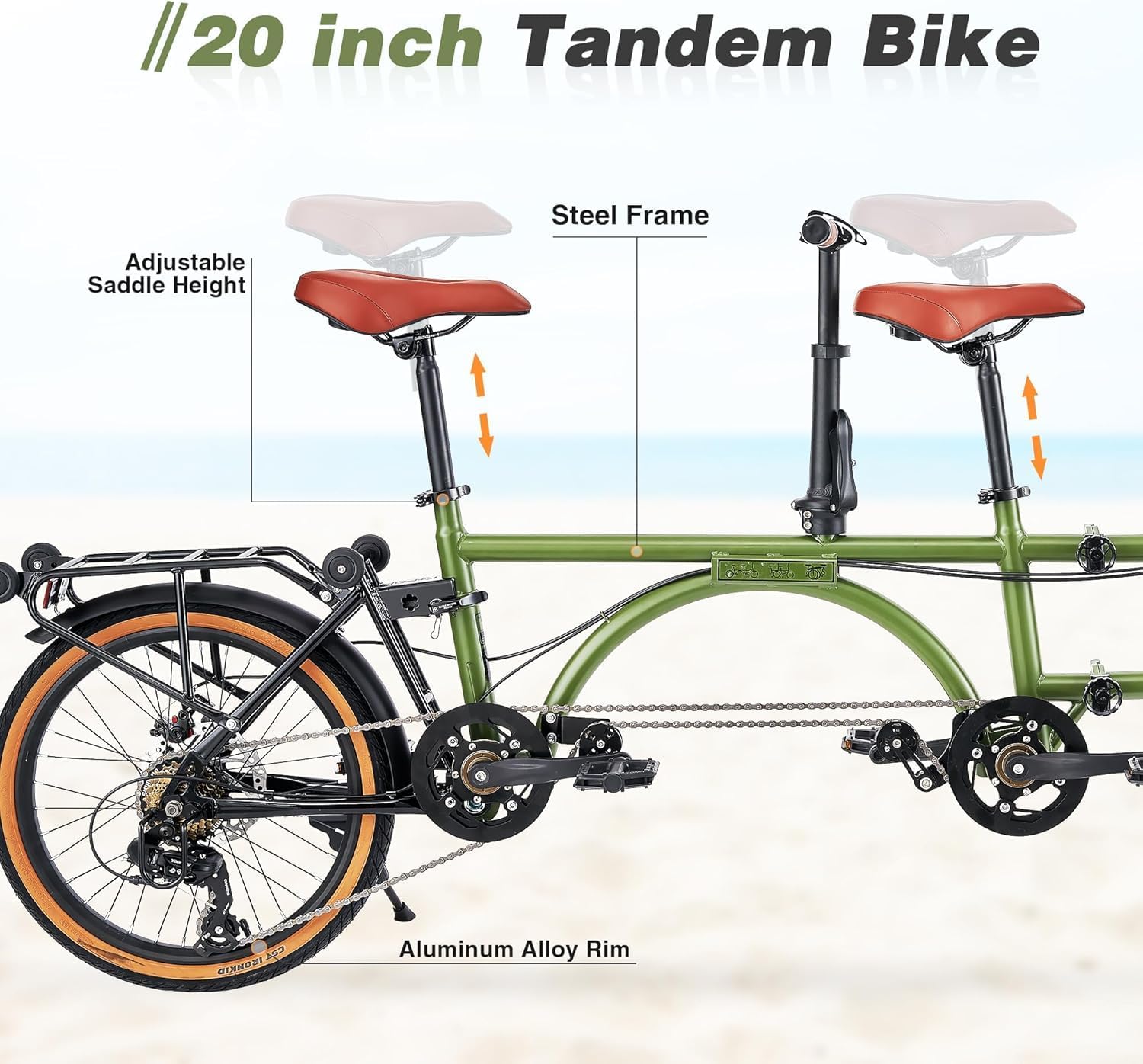 20" Tandem Bike for Adults, 2-Person Folding Bicycle with Dual Disc Brakes,7 Speed Bike Perfect for Couples, Beach, Park Riding