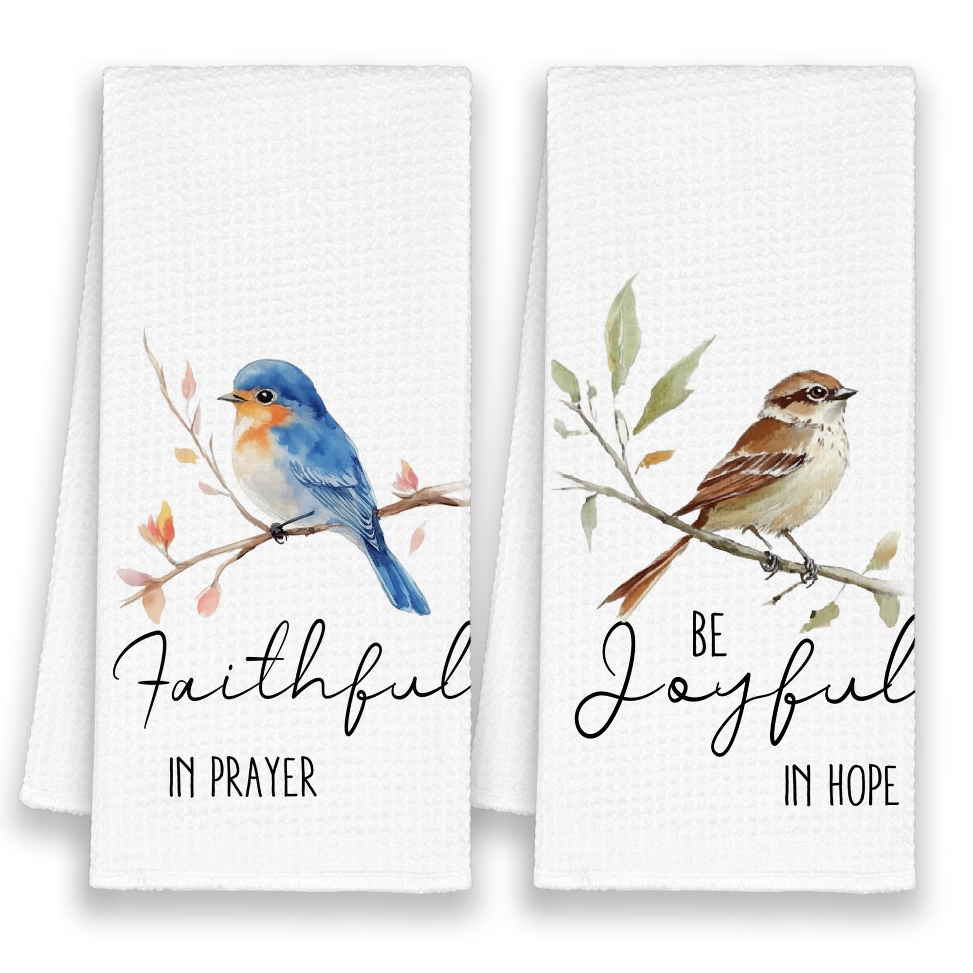 Xmsaitar Christian Birds Spring Kitchen Towels Set of 2, Faithful in Prayer Flower Hand Towels for Bathroom, Floral Watercolor Decorative Dish Towels