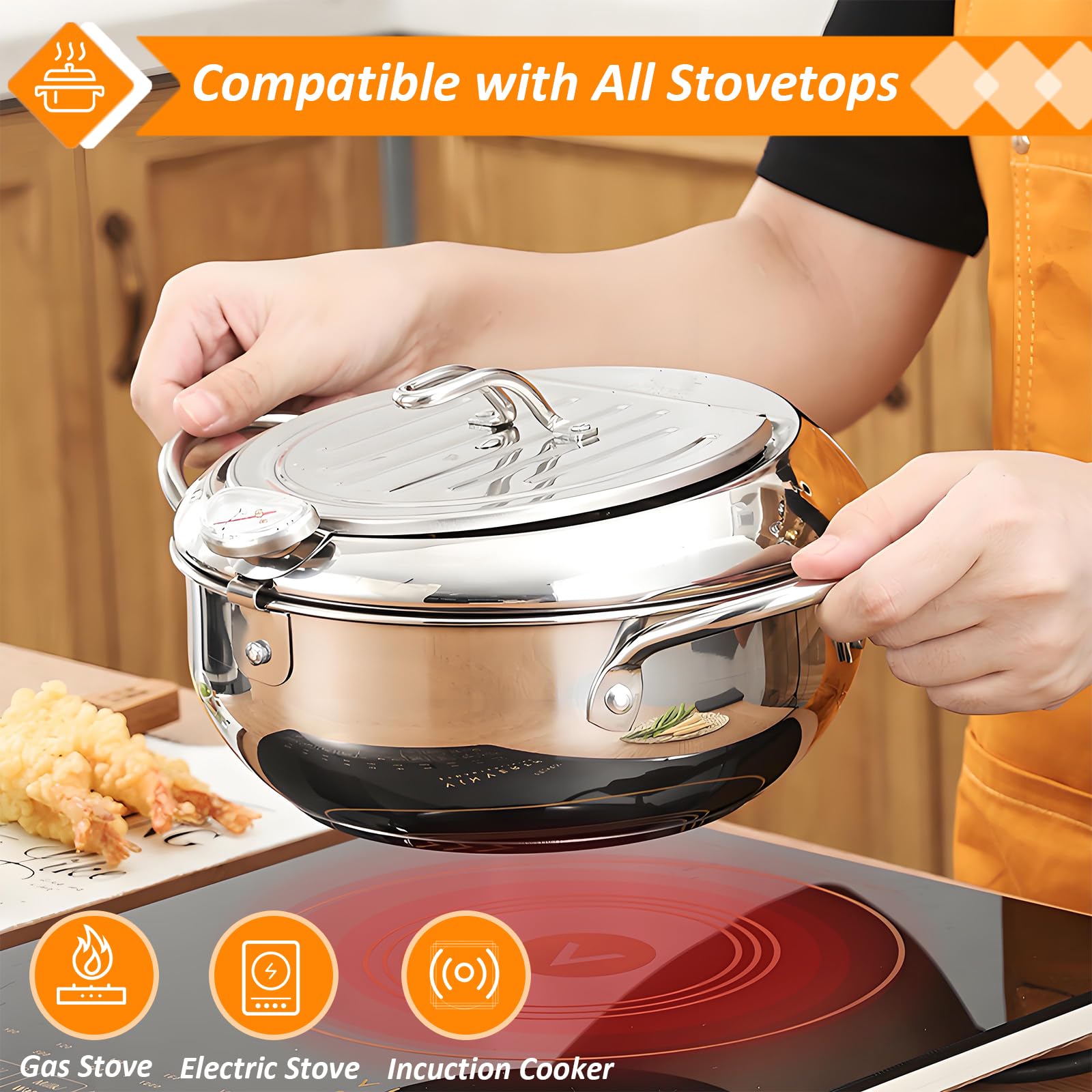 Friteuse japonaise Tempura en acier inoxydable avec couvercle, contrôle de la température, égouttoir pour poulet frit, crevettes, frites françaises - 27,9 cm