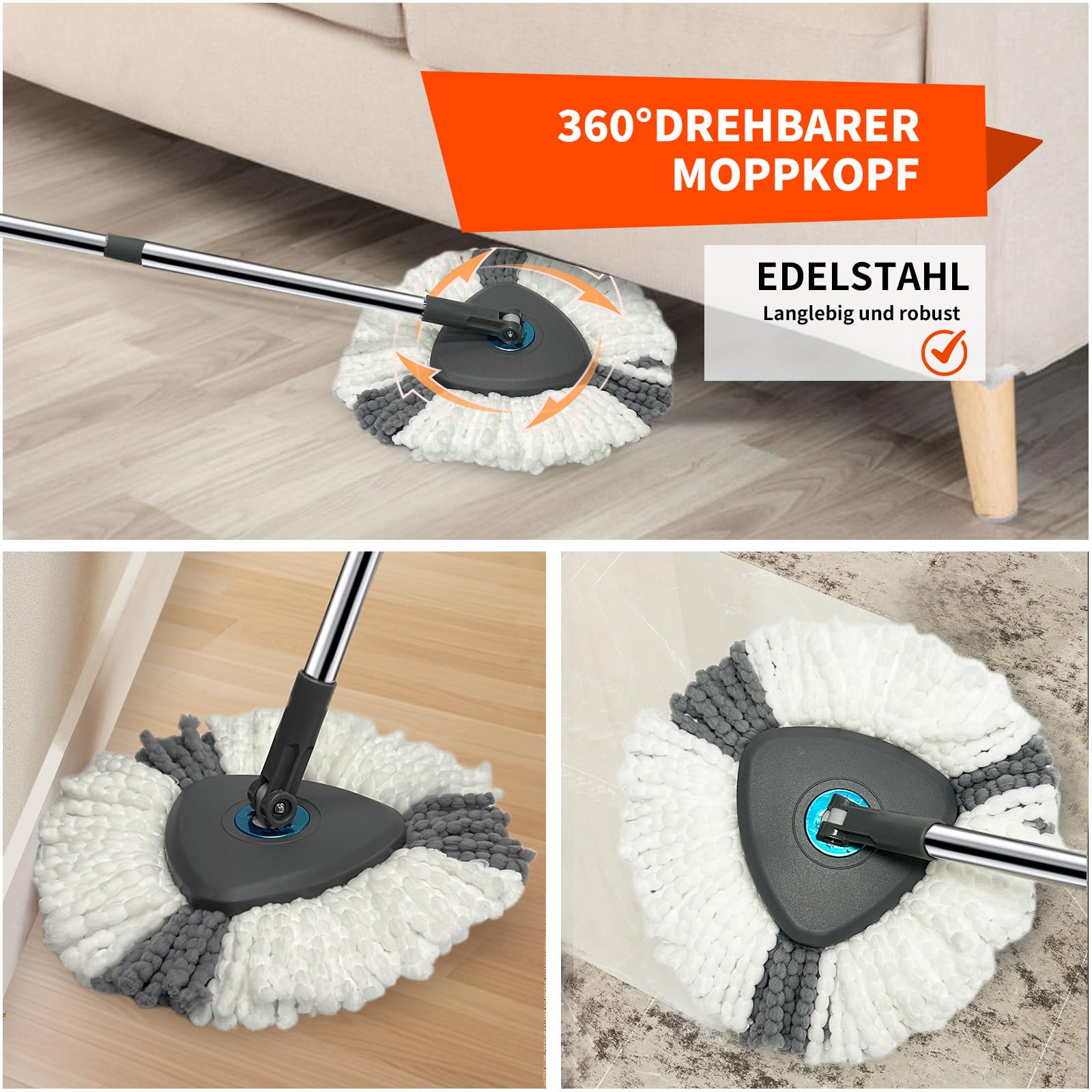 Wischmopp Set mit Eimer und Fußpedal, Bodenwischer mit geteiltem 2-Kammern-Putzeimer, Auswringfunktion & Edelstahlstiel, inkl. 3 Mikrofaser-Pads, Komplettset für Laminat & Fliesen (Hellgrau)