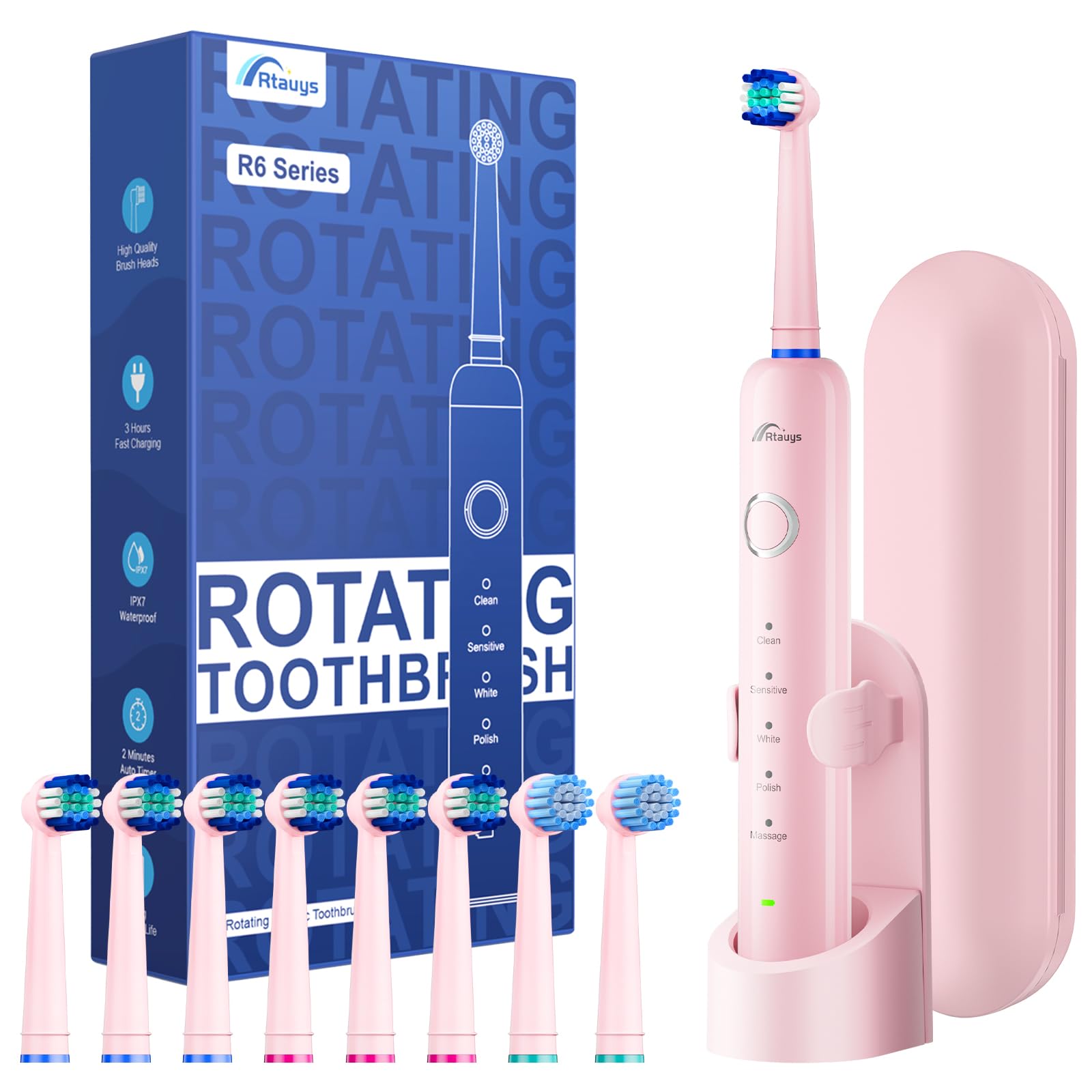 Photo 1 of *** NO 8 BRUSH HEADS *** Rtauys Rotating Electric Toothbrush for Adults with 8 Brush Heads (2 Types), 5 Modes Rechargeable Power Toothbrush with Travel Case and 2 Minute Smrte Timer