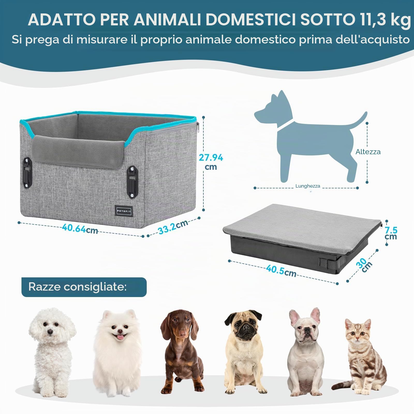 Petsfit Seggiolino Auto Trasportino per cani piccoli,Seggiolino cane auto anteriore con clip di sicurezza per la cintura e cuscino in peluche per cani piccoli fino a 6 kg