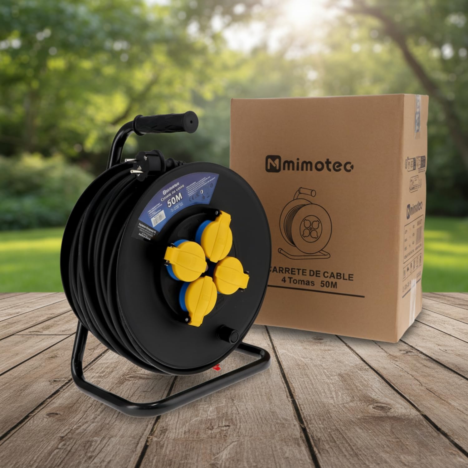 M mimotec - Avvolgicavo da Esterno 50m IP44 4 Prese 3200W 16A, Cavo H05RR-F 3G1,5 mm², Protezione Bambini, Ideale per Giardino, Cantiere e Officina