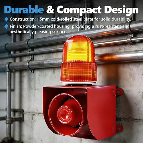 Miniatura 5 de Alarma de sirena industrial de 120 dB | Alarma de exterior IP65 con potente luz estroboscópica para maquinaria, intrusos, negocios, almacén (110 V