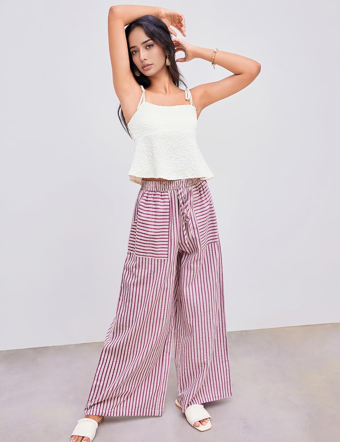 PEHMEA Women's Striped Wide Leg Pants Drawstring Cotton Mid Rise Casual Palazzo Trousers with Pockets 2026 - Image 6